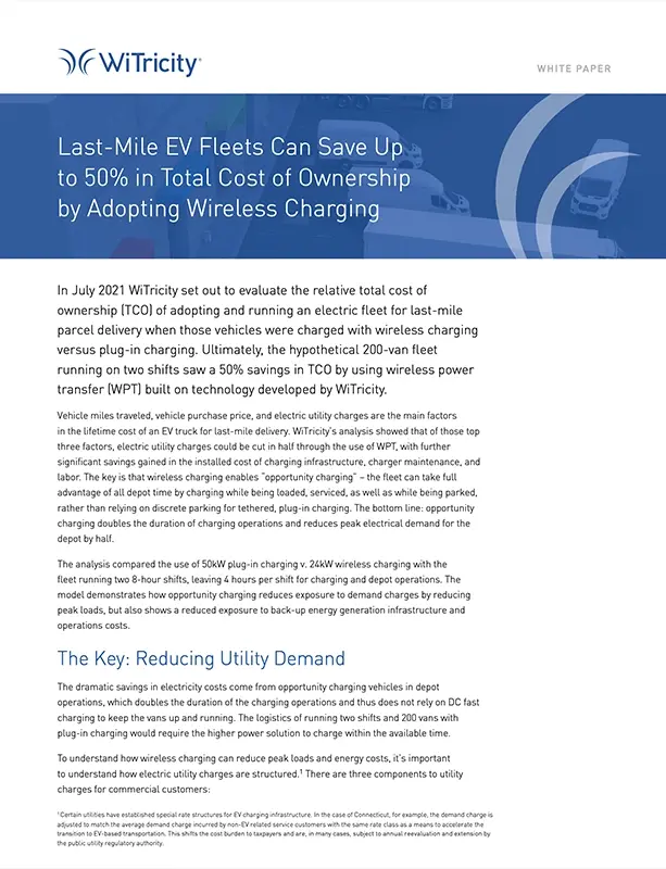 Last-Mile EV Fleets Can Save Up to 50% in Total Cost of Ownership by Adopting Wireless Charging